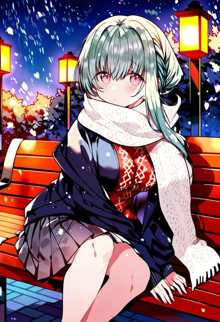 score_9, score_8_up, score_7_up, source_anime, 1girl,side braid, big breasts, sweater, black coat, scarf, aqua hair, pink eyes, pleated skirt, long skirt, night, outdoor, snowing, under a tree, dynamic light, sitting, on bench <lora:kazutake-hazano-Style-PonyXL-Dora-000021:1>