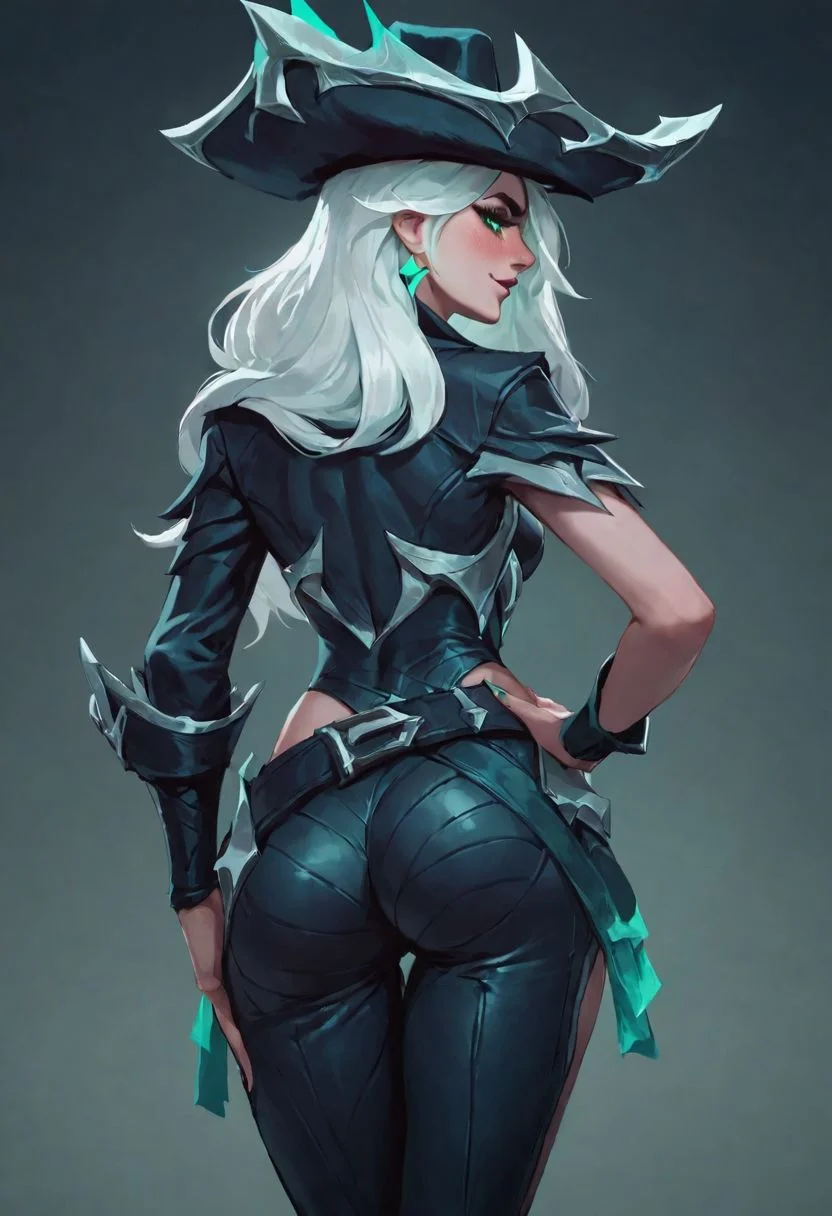 score_9, score_8_up, score_8, rating_explicit, source_anime, ruined miss fortune, score_9, score_8_up, score_7_up, 1girl, seductive expression, green eyes, fully clothed, rear view, standing, hand on hip,