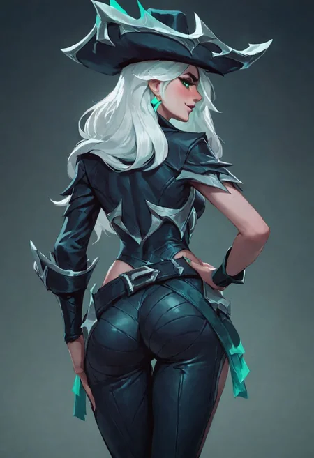 score_9, score_8_up, score_8, rating_explicit, source_anime, ruined miss fortune, score_9, score_8_up, score_7_up, 1girl, seductive expression, green eyes, fully clothed, rear view, standing, hand on hip,