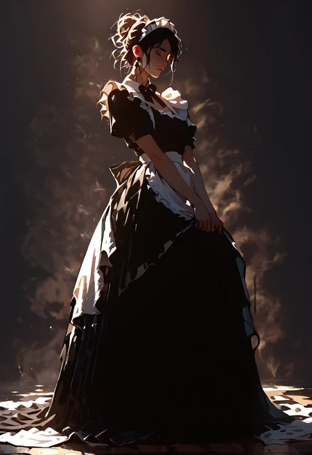 score_9, score_8_up, score_8,
1girl, solo, female, woman
maid, french maid, backlit, messy hairbun,
full body,
blend_in. black background,