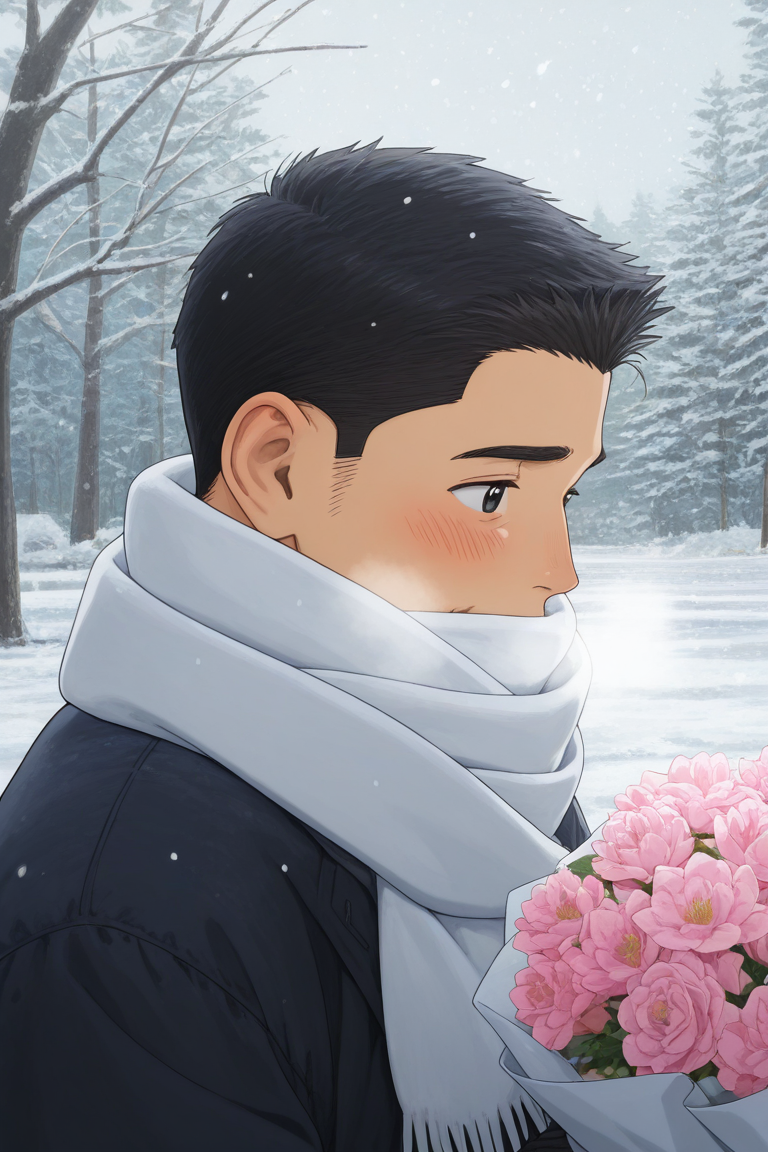 realistic shading, natural lighting, snowing, snow, winter theme, breath, holding pink flower bouquet, male focus, looking away, shy, expressive face, minodaoi, black_minodaoi_short hair, black_minodaoi_eyes, old man, covered mouth, 1boy, blush, winter clothes, shiny skin, white scarf, jacket, outdoors, tree, romantic, intricately detailed illustration, depth of field, atmospheric perspective, masterpiece, best quality, amazing quality, very aesthetic, absurdres, newest, anime screencap