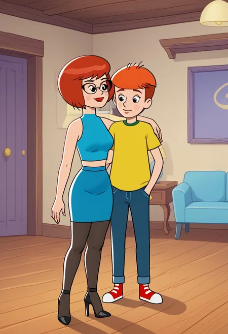 2d, cartoon, flat colours, prostokvashino, rimma, fyodor, couple, boy and woman, couple with size difference, shorter male, tall bigger woman,  black eyes, 
(woman in blue short microskirt , blue crop top, midriff, short hair, red hair, girl in cateye glasses, black high heeled shoes, black stockings, woman with medium breasts, )
(shorty skinny undersized boy without glasses, boy in jeans and yellow shirt, boy with short orange hair, red footwear)
couple posing together, interior, boy with hands in pockets, smirking smile, woman hugging boy from behind,