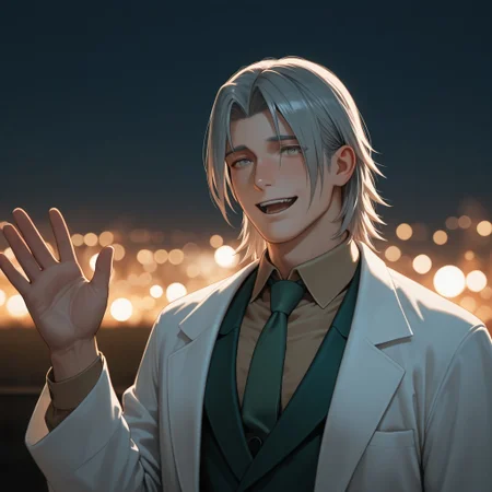 masterpiece, best quality, amazing quality, absurdres, newest, detailed background, definition so sharp, Ultra-HD, 8K cinematic, very awa, impressionate, amazing quality, highres,
solo, male focus, manly, mature male, bara, bokeh, night, warm light, blurry background, outdoor,
yashiroisana, 1boy, short hair, parted bangs, shiro_pretime, shiro_grey hair, shiro_grey eyes, lab coat, green blazer, brown collared shirt, green tie,
smile, happy face, open mouth, waving