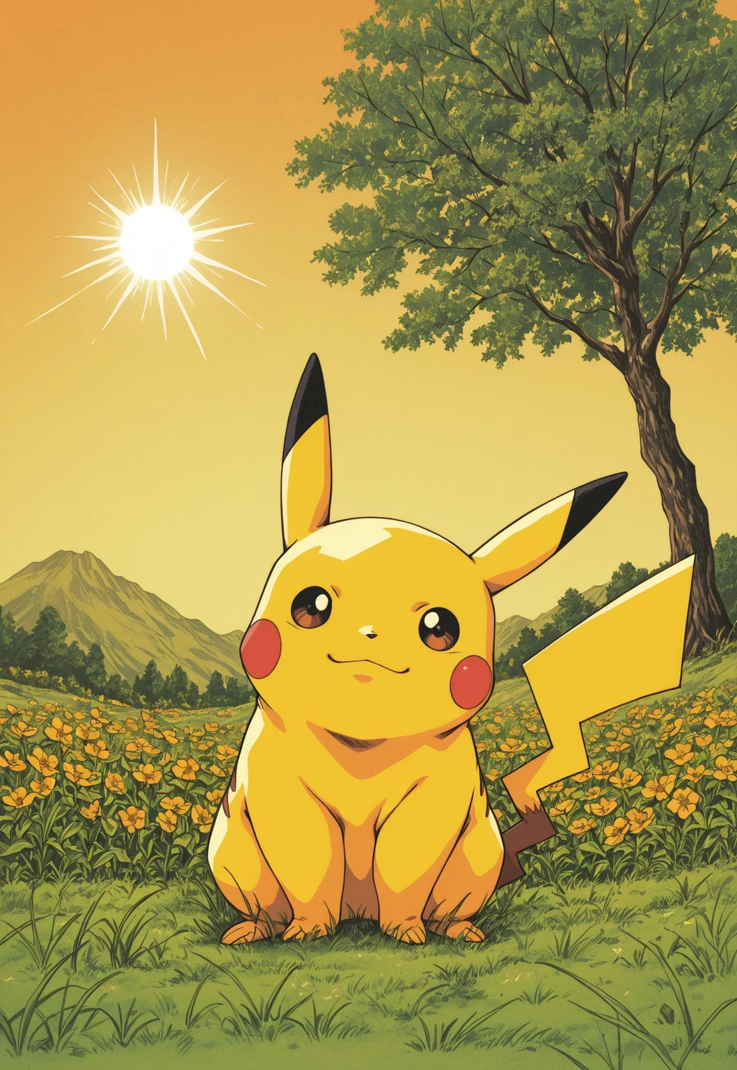 MinekuraStyle, official art, cover, 1990s style, retro artstyle, film grain, MinekuraStyle, BREAK
pikachu /pokemon/, looking at viewer, grass, outdoors, sun, tree, flower, happy