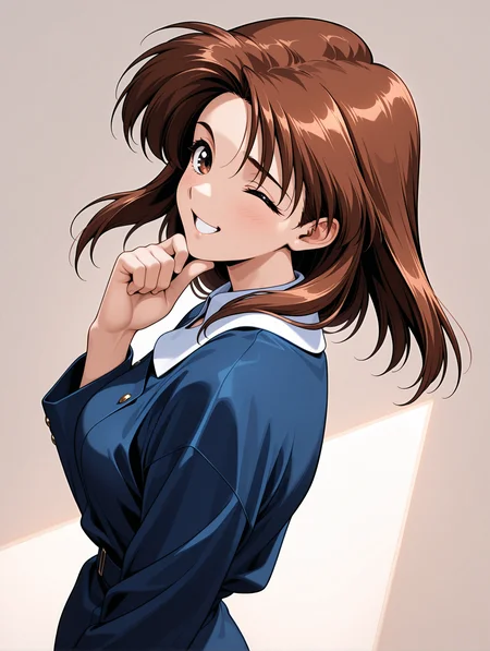 masterpiece,best quality,newest,1girl,solo,
<lora:kiyomi_ilxlv1.4:1>,
kiyomi,brown hair,brown eyes,formal,white collar,blue clothes,long sleeves,
<lora:Fixhands_anime_bdsqlsz_V1:1>,looking_at_viewer,upper_body,face_focus,dynamic_angle,cinematic_angle,finger to own chin,laughing,light_blush,one eye closed,white_background,simple_background,profile,