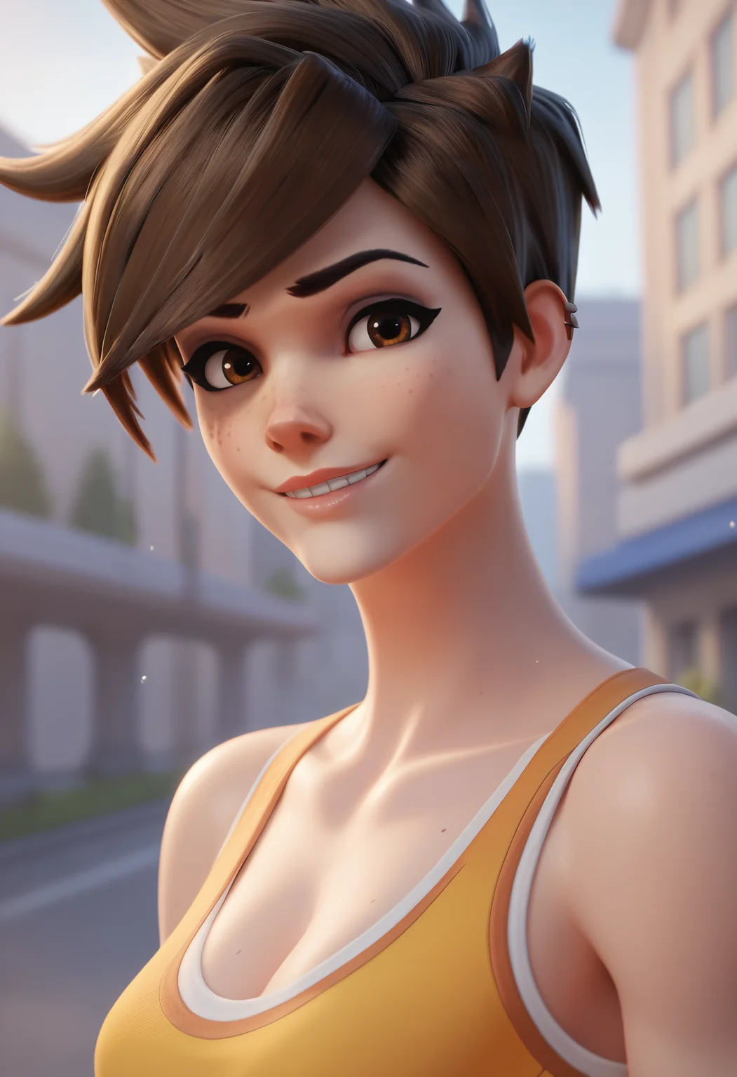 score_9,score_8_up,score_7_up,score_6_up ,source_overwatch <lora:overwatch_rule34_xl_pd_goofy_16:1> score_9, score_8_up, score_7_up, 1girl, solo, tracer \(overwatch\), portrait, upper body, smile, looking at viewer, depth of field, outdoors,city, tank top,brown eyes,blonde hair, short hair, spiked hair