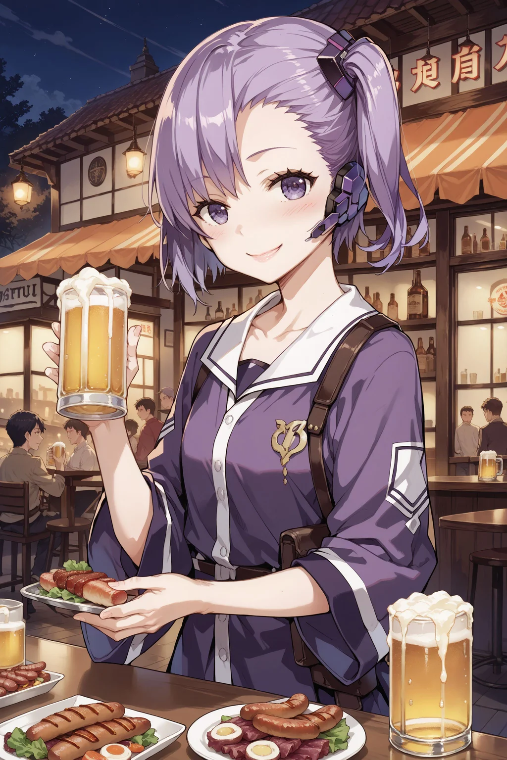 score_max, (score_9, score_8_up, score_7_up:1.2), score_6_up, official art, source_anime,
, masterpiece, absurdres, high detail, 8k,
night, outdoors, german, beer, bar, table, beer mug, food, sausage, mustard bottle, from side,
standing, looking at viewer, holding beer mug, smile, blush,
, ddpopeko, purple hair, side ponytail, hair ornament, headset, quilted clothes, collarbone,
<lora:XL_Pony_gomaotsu-operator-t1:1>