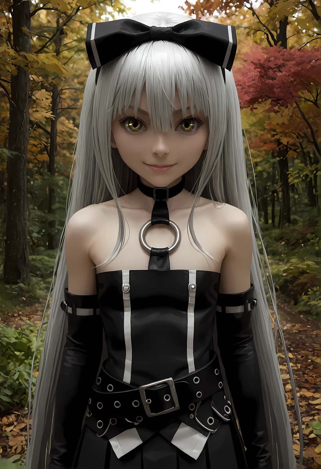 score_9, score_8_up, score_7_up,looking at viewer, shiny skin, upper body, light smile, petite,ohwx, grey_hair, long_hair, yellow_eyes, collarbone, very_long_hair, grey_eyes, hair_between_eyes, white_hair, short_hair, flat_chest, breasts,bare_shoulders, choker, bow, hair_bow, collar, ribbon, dress, skirt, black_bow, belt, black_dress, hair_ribbon, pantyhose, cosplay, gloves, elbow_gloves, black_pantyhose, hairband, thighhighs, shoes, necktie, pleated_skirt, o-ring, gothic_lolita, Japanese maple forest in autumn, vibrant colors, soft sunlight filtering through, calm and picturesque,<lora:sora_pony_sobsynapse-000003:0.9>