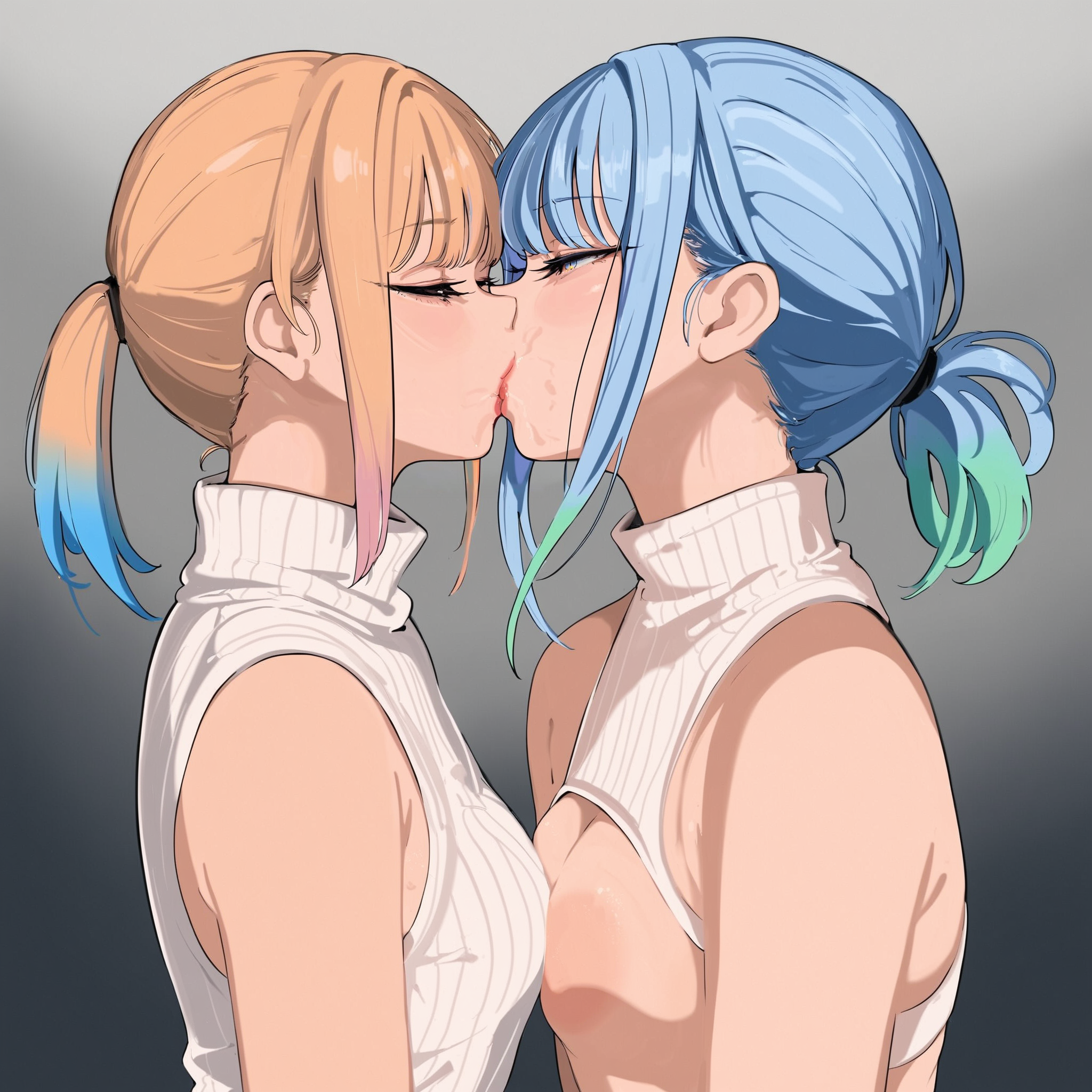 slicked-back hair, source_anime,score_9,score_8_up,score_7_up,score_6_up,score_5_up,colorful,short ponytail, (gradient hair:1.2), (light blue hair, blonde hair, blue hair, light brown hair),two girls kissing,gathers garnet sleeveless turtleneck,dynamic angles,dynamic positions,uncensored,Masterpiece,best quality,rating_explicit,distinct actions,distinct bodies,<lora:mamimi:1>,