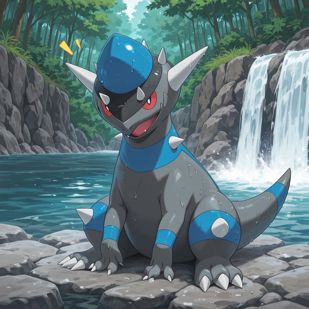 2d, solo, Rampardos, Pokemon (creature), scalie, feral, gray body, blue skin, blue stripes, single tail stripe, spikes, horns, head spikes, knee spikes, toe claws, red sclera, black pupils, three toes, tail, 
BREAK sitting, open mouth smile, happy, sitting, water, waterfall, forest, looking at viewer, notice lines, wet body
BREAK best quality, amazing quality, very aesthetic, absurdres, newest, masterpiece