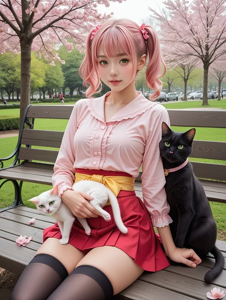 score_9, score_8_up, score_7_up,
 1girl, Kaoru, short hair, pink hair, twin pigtail, green eyes, pink blouse, neckline, red skirt, mini skirt, sash, yellow sash, thigh highs, black thigh highs, park, cherry blossom, cat, cat on lap, patting cat, big cat,