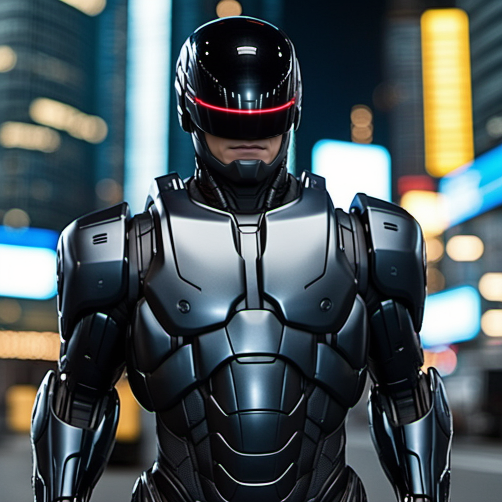Robocop2014, a black armored robot, full body, cyberpunk city background, highly detailed,  photography, ultra sharp, film, professional, 64k <lora:add-detail-xl:1.5>  <lora:Robocop2014-1024-000325:0.6>