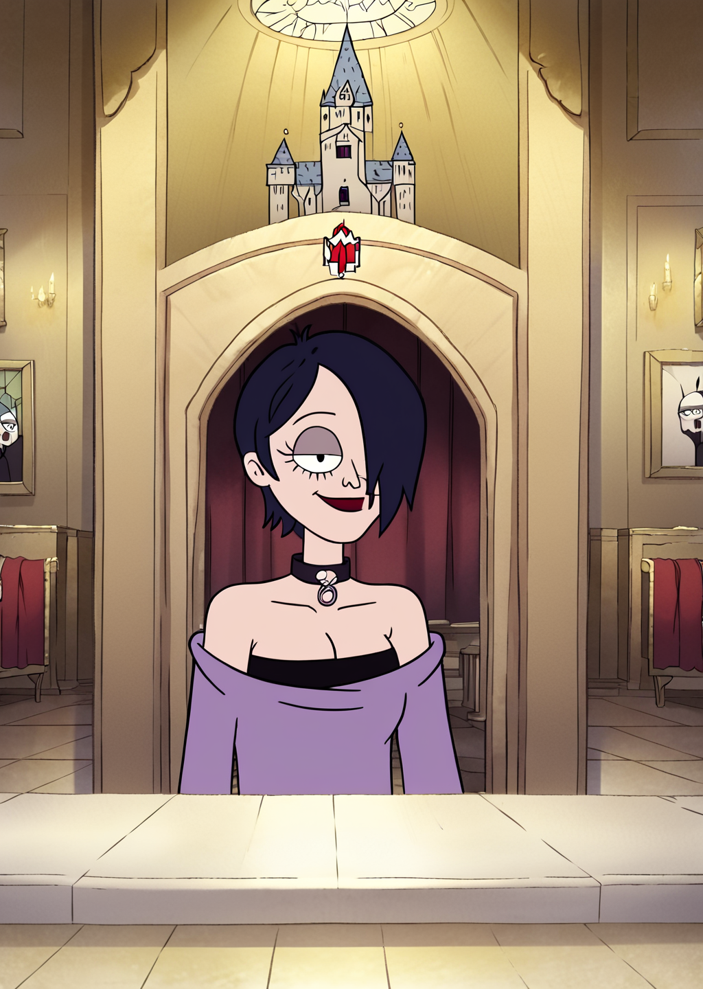 score_9, score_8_up, score_7_up, score_6_up,   <lora:Regular_Show_Style:0.8>, regularshow,  Detailed Background, BREAK
<lora:Carrie_Rosenburg:0.8>, 1girl, Carrie,
Indoors, castle, coffin, smile, parody style, cartoon,
 choker, hair over one eye,