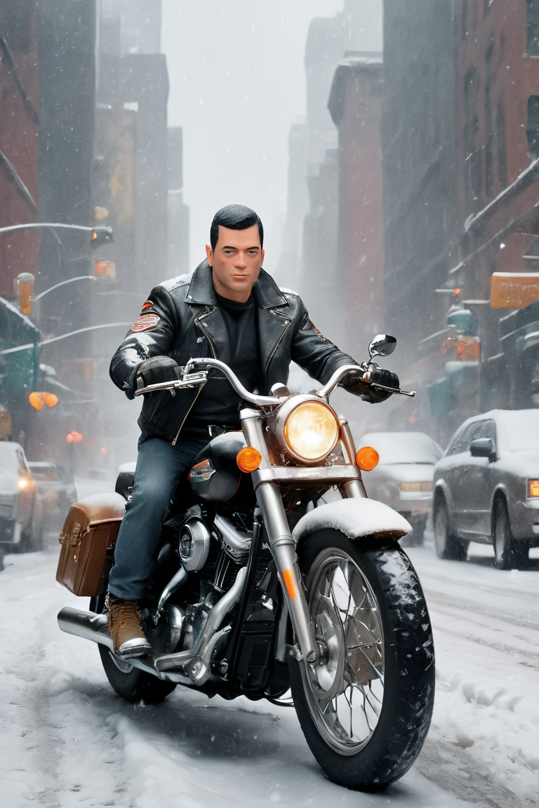 style by (Ross Tran)(highly detailed), Xmas Atmosphere, Dynamic Angle, Cinematic Lighting, Epic Snowfall masterpiece, Grunge rock, <lora:GI_Joe:1>  GI Joe, a man wearing black leather jacket and gloves ride on Harley Davidson, Amazing realistic detailed, New York Street, Huge Detailed Busy Scene