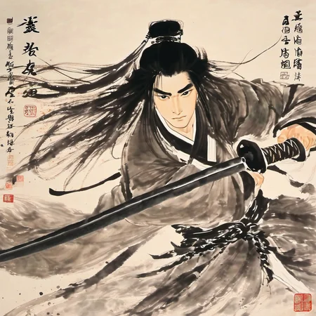 a boy,long hair,black hair,smwuxia,Chinese text,weapon:sw,ink-painting,<lora:Ath_ink-paintingXL:1>,