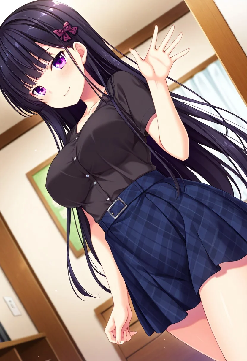 general,highres, ultra-detailed,very aesthetic,best quality ,best hands,best eyes,easynegative,
dynamic anglre, dutch angle, anime cloring,
1girl solo,looking at viewer,indoors,bedroom,smile,waving hand,
Zakuro Nanase,black hair,long hair,violet eyes,large breasts,hair ornament,shirt,skirt,