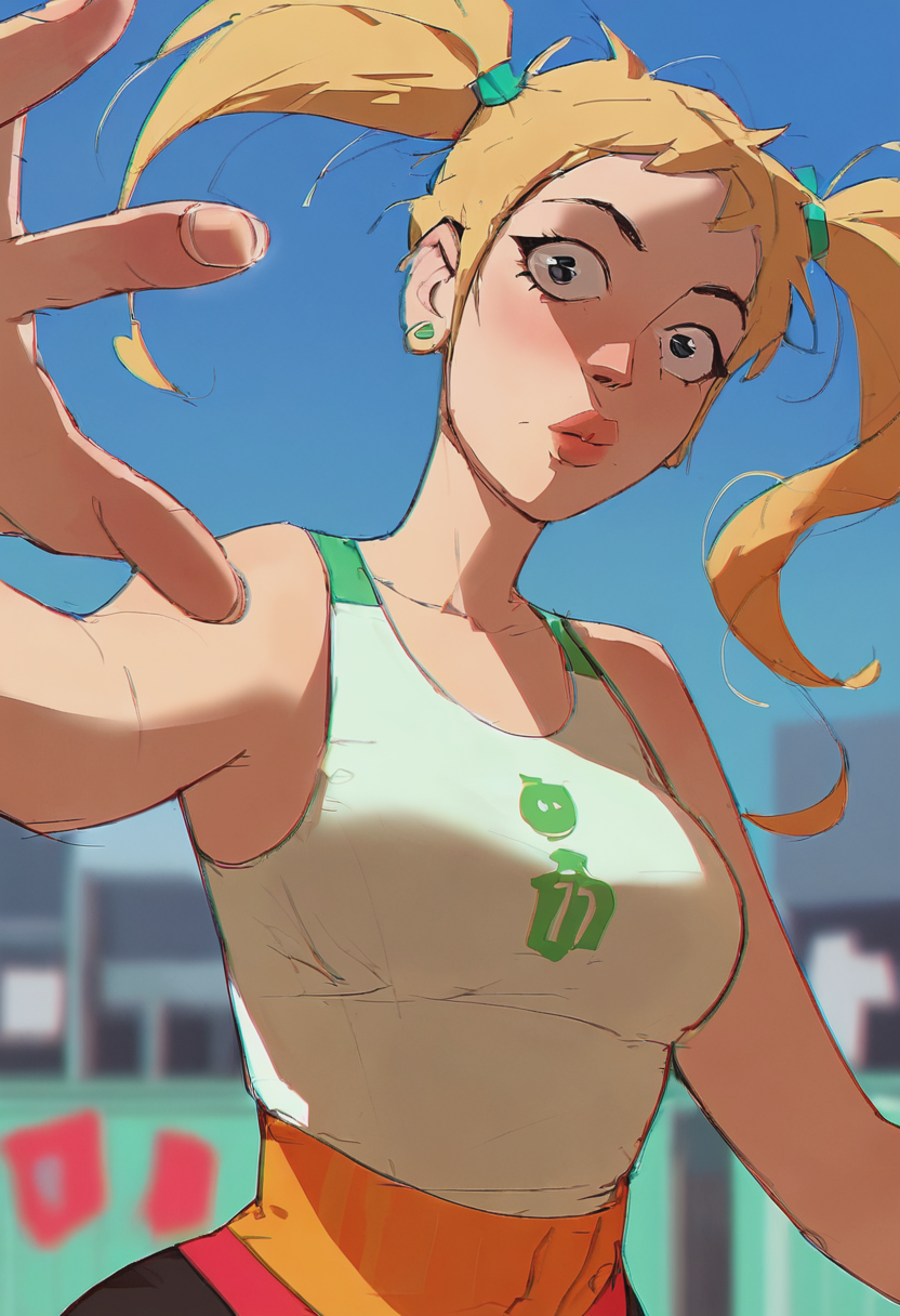 score_9, score_8_up, score_7_up, source_anime, 1girl, large_breasts, mature_female, portrait, solo, looking_at_viewer, open_eyes, Reaching high with both hands, atmospheric_perspective, (Spring green Dolman), straight hair, pigtails, Honey Blonde hair, gym, portrait, rating_safe, <lora:pony\artist_styles\ramon_nunez_pony:1.0>