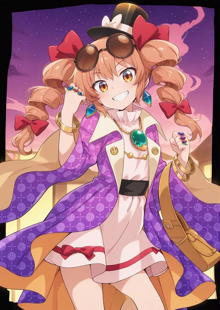 absurdres, highres, masterpiece, best quality, amazing quality, official anime artwork, screencap, anime screencap, dynamic pose, looking at viewer, 
 <lora:Joon-Yorigami-Illustrious:1> yorigami jo'on, 1girl, solo, orange eyes, orange hair, drill hair, twin drills,, black hat, eyewear on head, hair bow, red bow, jewelry, white dress, purple jacket, necklace, 
night, starry sky, star, grin, teeth,