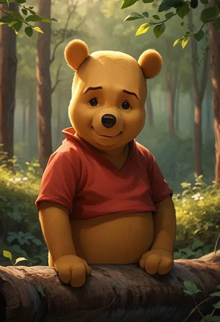 score_9, score_8_up, score_7_up, score_6_up, winniethepooh, solo, red shirt, shirt, 1boy, furry male, bear, short sleeves, black eyes, cute, standing in the forest, trees, flowers, sunshine, facing viewer, looking at viewer, listening, concerned, friend, close up face, expressive face, caring, photorealistic render