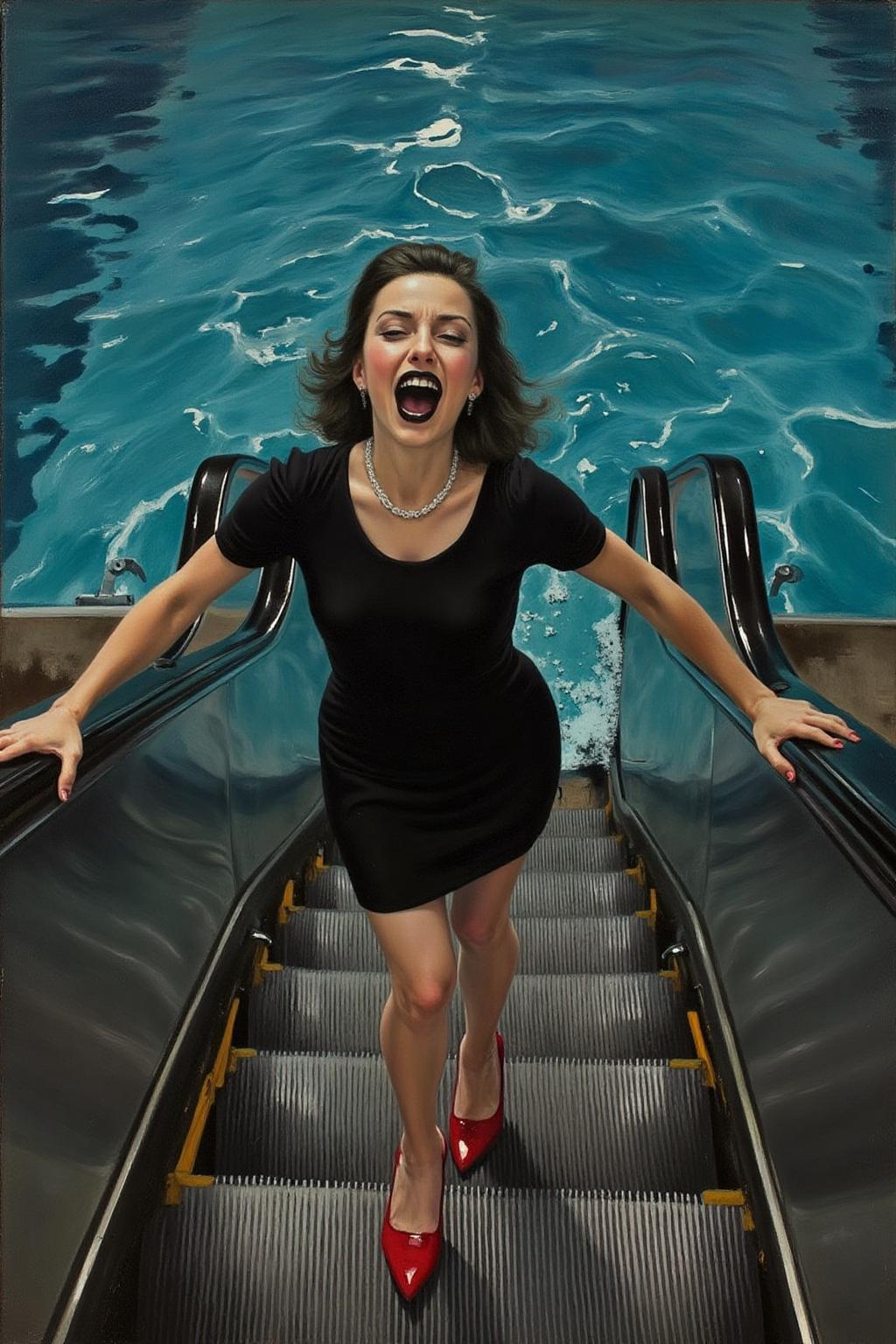 lauritsandersenring1 painting. a woman in a chic little black dress and vibrant red high heels, gracefully descending an escalator. She wears black lipstick and is screaming. Her attire exudes elegance and sophistication, with the red heels providing a bold pop of color against the classic black dress. The escalator itself, typically found in a mall or airport, leads downwards into an unexpected and dreamlike destination -- pool of rippling water. The water is blue and ripples as the escalator's steps disappear beneath the surface.  <lora:lauritsandersenring1_cap_d8a4e13:1.0><lora:857022127461675032:0>
