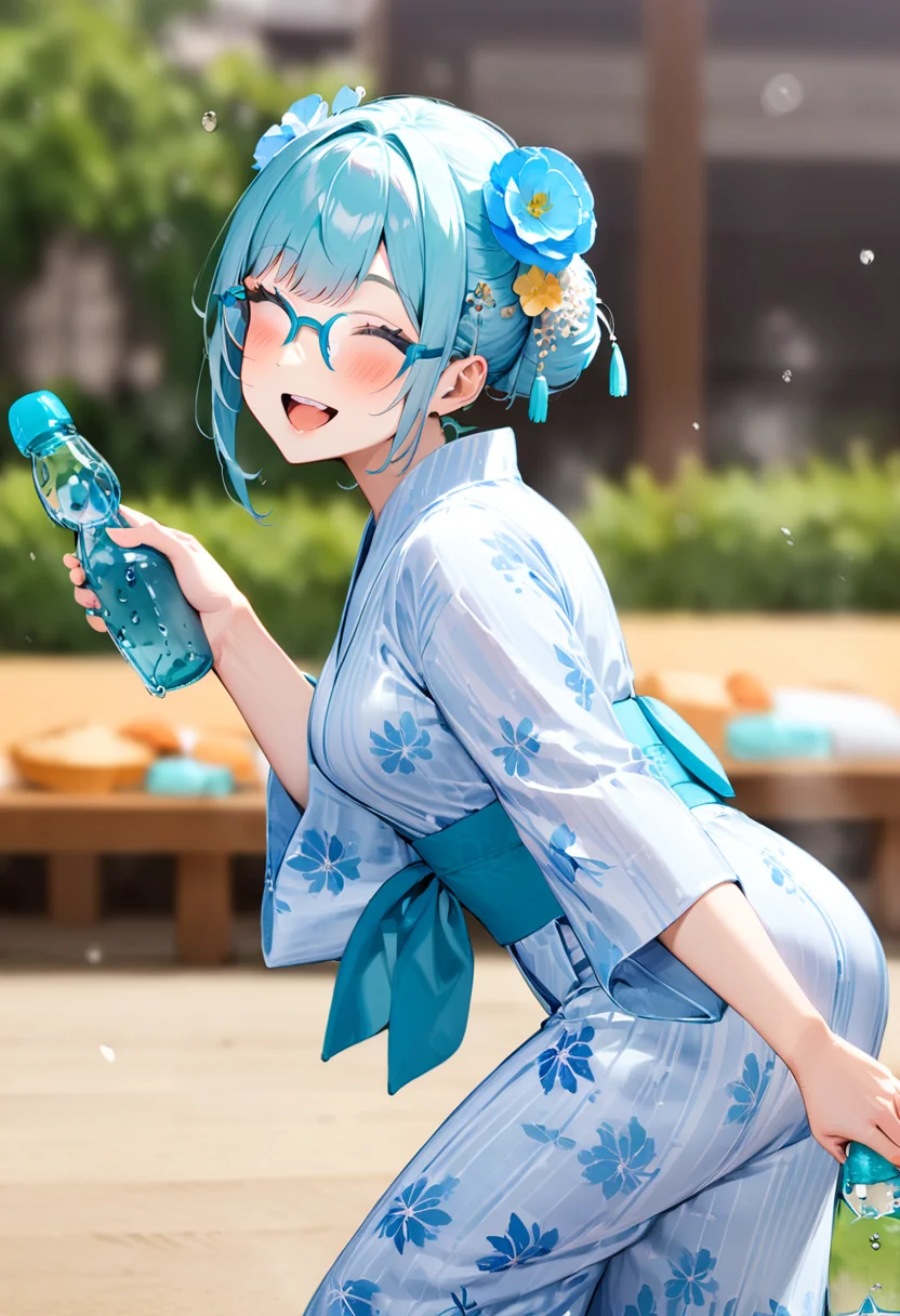 masterpiece, best quality, very aesthetic, absurdres,
ramune, food, bottle, 1girl, solo, holding bottle, blurry background, depth of field, holding, glasses, happy, smile, yukata, uchiwa, hair bun, hair ornament, hair flower
<lora:ramune_SDXL_V1:1>