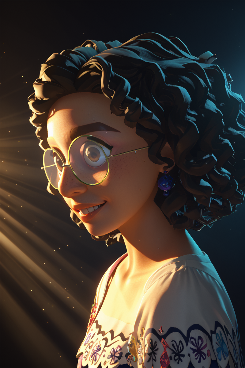 score_9, score_8_up, score_7_up, score_6_up <lora:Dramatic Lighting Slider:2>  <lora:Mirabel_Madrigal-_pony_101:0.8> m1rabel101 : "Ultra-close-up of Mirabel Madrigalâs face freckles , her expression wild and unhinged, eyes glowing with chaotic, prismatic flecks of magic that shimmer like embers. Her skin is illuminated by stark, cinematic lighting: a sharp beam of golden-white light cuts across her face from one side, casting deep, velvety shadows in shades of indigo and crimson that sculpt her features with haunting intensity. Her curly hair frames her face in a radiant, faintly luminescent cascade, each strand hyper-detailed and glowing with a subtle, otherworldly energy. Tiny beads of sweat glint like diamonds, and faint, glowing magical runes pulse softly across her cheeks. Her lips are parted in a manic, defiant grin, teetering on the edge of madness. The background is a soft, dark void with subtle, misty wisps of light, ensuring her face is the sole focus. Photorealistic, 8k resolution, extreme chiaroscuro, vibrant yet eerie color palette, every texture hyper-detailed and dripping with surreal intensit