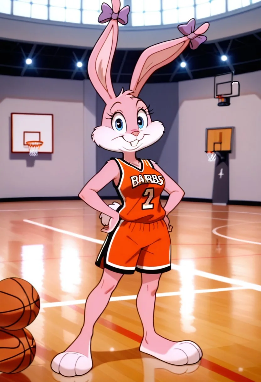 masterpiece, best quality, amazing quality, babsbnnyttail, anthro, female rabbit, pink fur, blue eyes, eyelashes, buck teeth, purple ear_bows, inside, full body, adult, medium breasts, standing, hands on hips, looking at viewer, ears up, jersey, shorts, barefeet, basketball, basketball court, solo, smile,
<lora:f3d6199d-a59d-444d-841c-8965080e65e6:0.7>