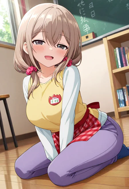 masterpiece, best quality, absurdres, very aesthetic, general,
katase shiori, 1girl, open mouth, solo, smile, hair ornament, white shirt, indoors, looking at viewer, sitting, brown hair, eyebrows visible through hair, hair scrunchie, long sleeves, hair between eyes, :d, large breasts, name tag, wooden floor, long hair, no shoes, collarbone, brown eyes, hair over shoulder, dutch angle, blue pants, red scrunchie, on floor, overalls, seiza, jeans, denim, hand between legs, blush, pink scrunchie, lens flare, low ponytail, grey eyes, kneeling, bookshelf, light brown hair, window, purple eyes, ponytail, leaning forward, sunlight, red apron, medium hair, head tilt, side ponytail, shiny hair, wariza, plaid apron, checkered apron, waist apron, stool, blue legwear, light particles, shiny, kindergarten uniform, chalkboard, sidelocks, yokozuwari, shelf, yellow vest, day, low twintails, half-closed eyes, leaning to the side, kindergarten teacher, purple pants, grey hair, light rays, black eyes, book, floor, sweater, bulletin board, depth of field, blue socks
<lora:katase_shiori_illustXL_locon_v1:0.7>
