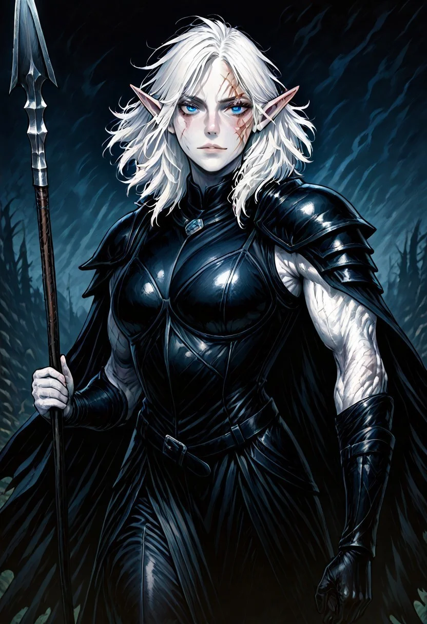 masterpiece, best quality, newest, absurdres, highres,
MIRV1.0, pale, white skin, blue eyes, colored skin, toned, muscular, toned female, white hair, elf, pointy ears, scar, scar on face, armor, cape, shoulder armor, black leather, holding, holding weapon, holding spear, spear