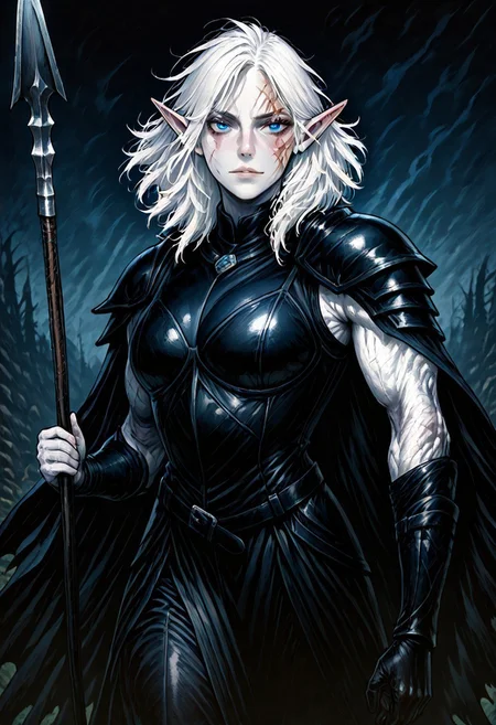 masterpiece, best quality, newest, absurdres, highres,
MIRV1.0, pale, white skin, blue eyes, colored skin, toned, muscular, toned female, white hair, elf, pointy ears, scar, scar on face, armor, cape, shoulder armor, black leather, holding, holding weapon, holding spear, spear