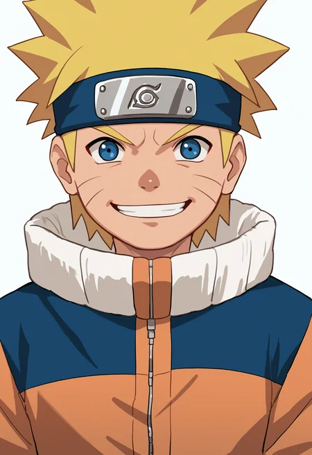 score_9, score_8_up, score_7_up, score_6_up, score_5_up, score_4_up, BREAK, source_anime,
1boy, uzumaki naruto, blonde hair, spiked hair, blue eyes, whisker markings, facial mark, forehead protector, jumpsuit,
smile, upper body, looking at viewer, solo, simple background, white background
 <lora:NarutoGeninXL:1>