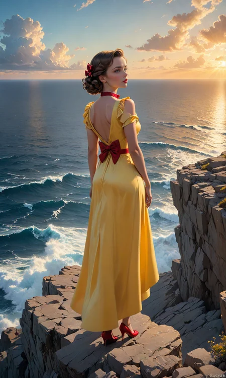 A breathtaking movie scene of a woman in a yellow dress and red bow tie, standing on a cliff looking at the sea during sunset with blue clouds above her, by James C. Leyendecker, award winning concept art, trending on ArtStation, 8K, photorealistic, volumetric lighting, unreal engine 5, Octane renderer, rtx on, <lora:Fast:0.69>
