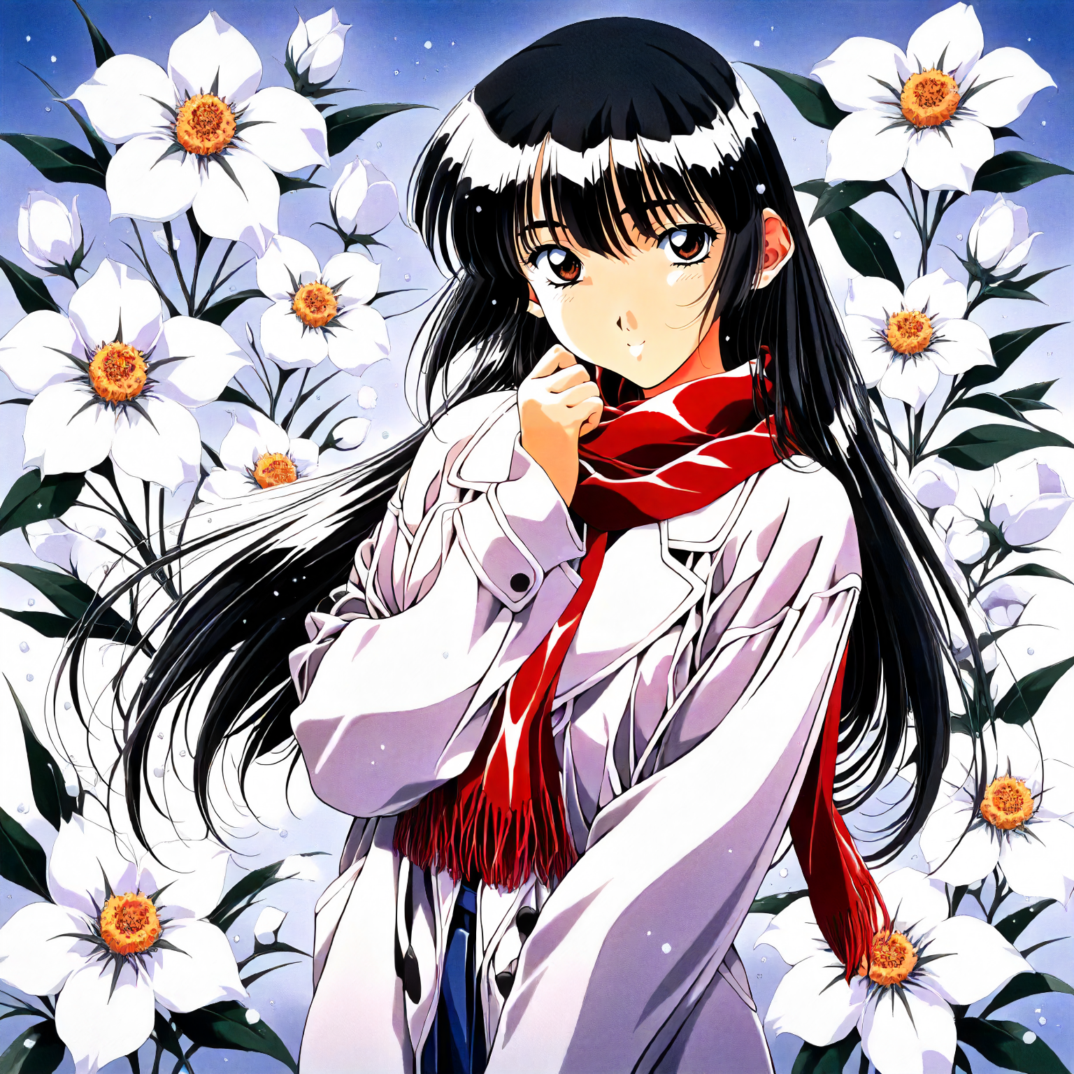 <lora:SG_ayasaki_wakanaXLanimagine001>,
masterpiece,high score,great score,absurdres,
flower background,glitter,
smile,
looking at viewer,
solo,
anime coloring,retro artstyle,1990s \(style\),
ayasaki_wakana\(sentimental_graffiti\),1girl,black hair,long hair,brown eyes,
winter coat,overcoat,scarf,
cowboy shot,
standing,
