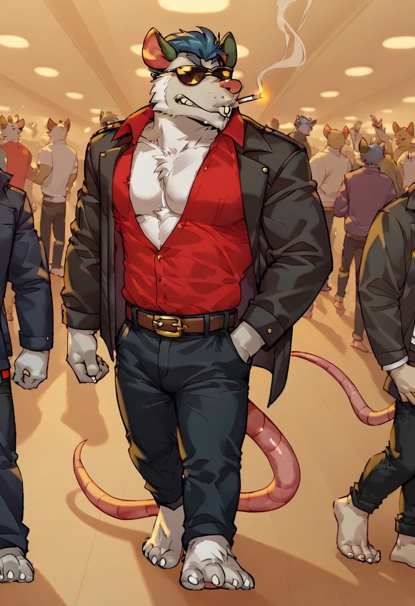 score_9, score_8_up, score_7_up, Chief, Rat, Red dress shirt, Black pants, brown belt, gold buckle, blue hair, black jacket, furry, grey and white fur, Jacket draped over shoulder, carrying jacket, Sunglasses, party, indoors, Stoic expression, walking, smoking cigarette, cigarette in mouth hand in pocket, (((beautiful, high quality))) Muscular, pecs, barefoot, jakosho, close up, zoomed in, faceless crowd, anonymous crowd, half body, sm0k3, cigarette