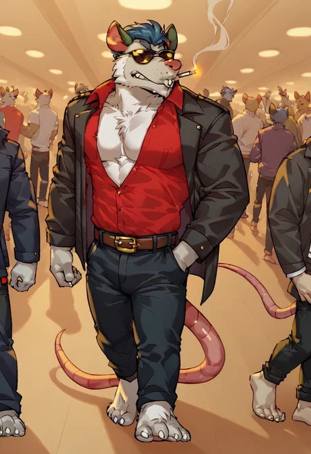 score_9, score_8_up, score_7_up, Chief, Rat, Red dress shirt, Black pants, brown belt, gold buckle, blue hair, black jacket, furry, grey and white fur, Jacket draped over shoulder, carrying jacket, Sunglasses, party, indoors, Stoic expression, walking, smoking cigarette, cigarette in mouth hand in pocket, (((beautiful, high quality))) Muscular, pecs, barefoot, jakosho, close up, zoomed in, faceless crowd, anonymous crowd, half body, sm0k3, cigarette