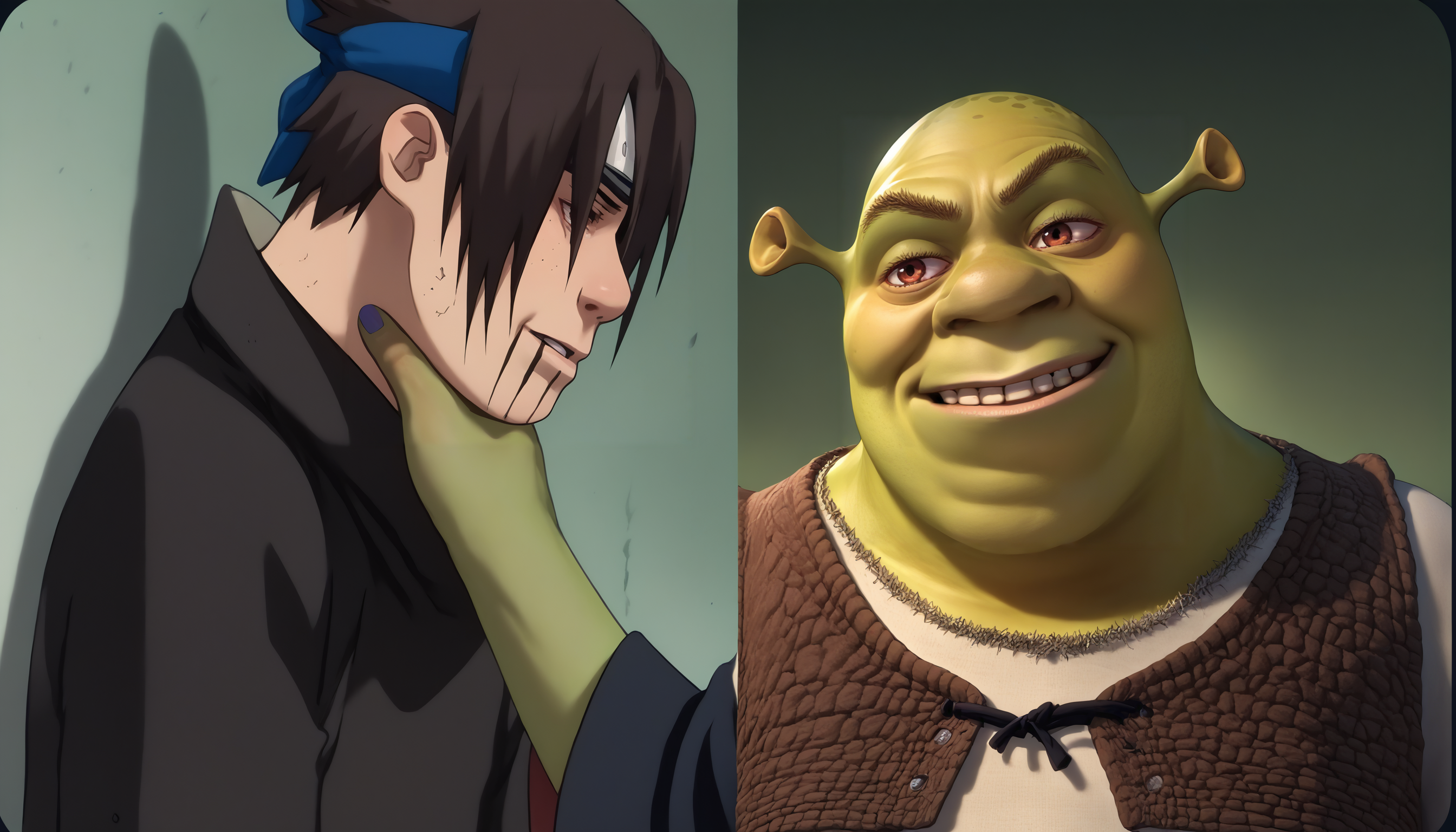 score_9, score_8_up, score_7_up, source_anime, 2boys, <lora:SasukeChokeEditsMeme_XLPD:1>, incrschokememe,  <lora:Shrek_XLPD:1>, shrek, green skin, smirk,