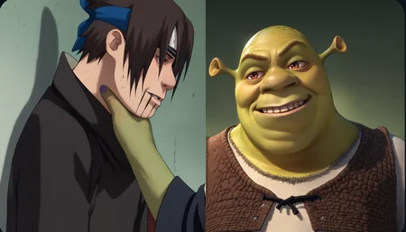 score_9, score_8_up, score_7_up, source_anime, 2boys, <lora:SasukeChokeEditsMeme_XLPD:1>, incrschokememe, <lora:Shrek_XLPD:1>, shrek, green skin, smirk,