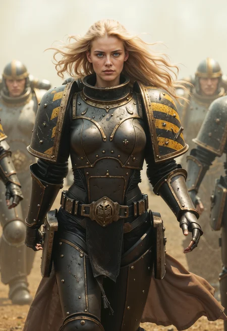 ultra realistic woman with long flowing blonde hair, wearing IronW40k armor walking in a battlefield <lora:FluxIronW40k-000012:1>