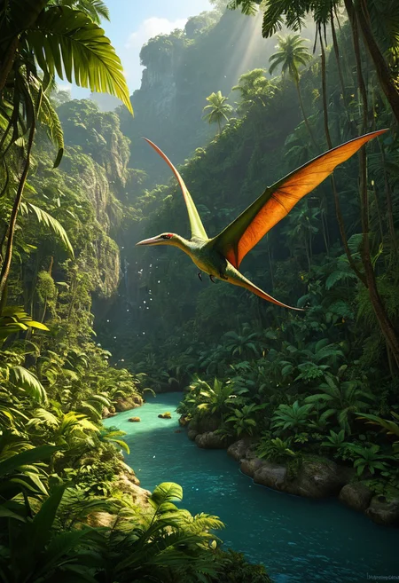 Paradise jurasic jungle, create an image of a paradise jurasic ungle and a river, a pteranodon is focus and flying high above the jungle, long thin beak, shadows, masterpiece, best quality, realistic, whimsical, fantastic, splash art, intricate detailed, hyperdetailed, maximalist style, photorealistic, concept art, sharp focus, harmony, serenity, tranquility, mysterious glow, ambient occlusion, cozy ambient lighting, liiv1, linquivera, metix, mentixis, masterpiece, award winning,