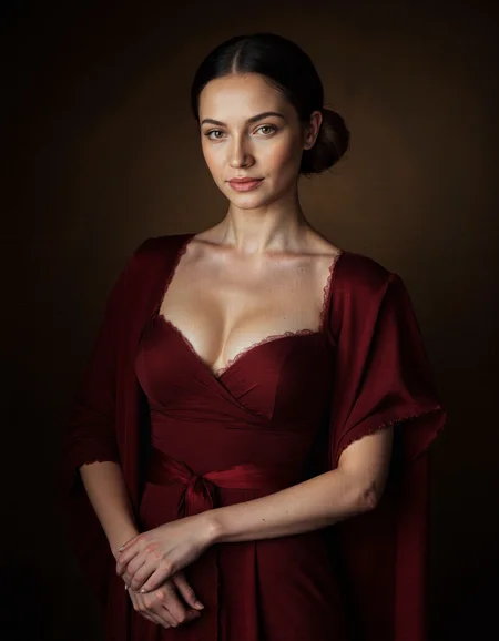 UHD, 8K, ultra detailed, a cinematic photograph of Rembrandt style full body shot of mature woman, dressed winered dress, <lora:flux-lora:1.4>, . Whole outfit, clear, sharp, balanced . Baroque, chiaroscuro, realistic, emotional, "flat lighting with charisma. 50mm lens, f/2.8, focused on eyes, natural lighting, beautiful lighting, great composition, <lora:Beyonce_Knowles_Flux:1>
