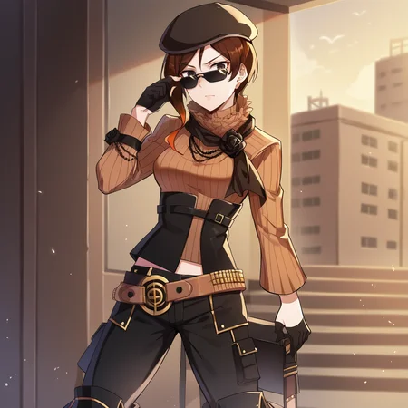 score_9, score_8_up, score_7_up, score_6_up, score_5_up, score_4_up, zPDXL2,1girl, solo, cowboy shot, <lora:Coco_Adel_-_RWBY:0.8> coco_rwby, sunglasses, brown beret, brown hair, gloves, black gloves, belt, sweater, boots, pants, jewelry, looking over eyewear, one hand raised, seeking attention, urban setting,