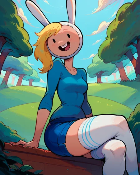 score_9_up, score_8_up, 1girl, solo, Fionna, fionna the human girl, blue shirt, thighhighs, long sleeve shirt, collarbone, blue mini shorts, crossed legs, happy, smile, buck teeth, seductive pose, dynamic angle, outdoors, <lora:Fionna_PDXL:1>