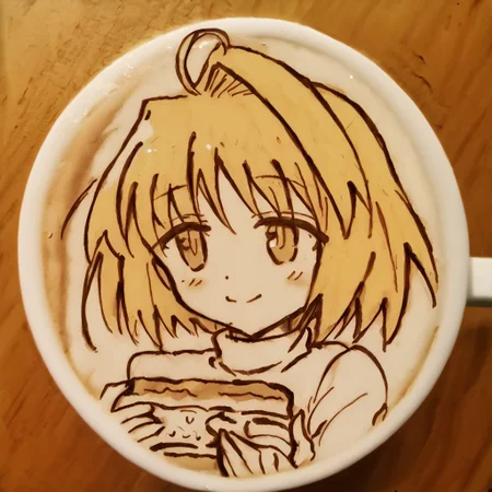 best quality, masterpiece, LatteArt, latte art, cup, coffee, food focus, mug, still life, (monochrome:1.1), greyscale, lineart, arcueid brunestud, blonde hair, short hair, ahoge, sweater, turtleneck, white sweater, wide smile, half-open eyes, blush lines, drinking coffee, sip, holding coffee,1girl,