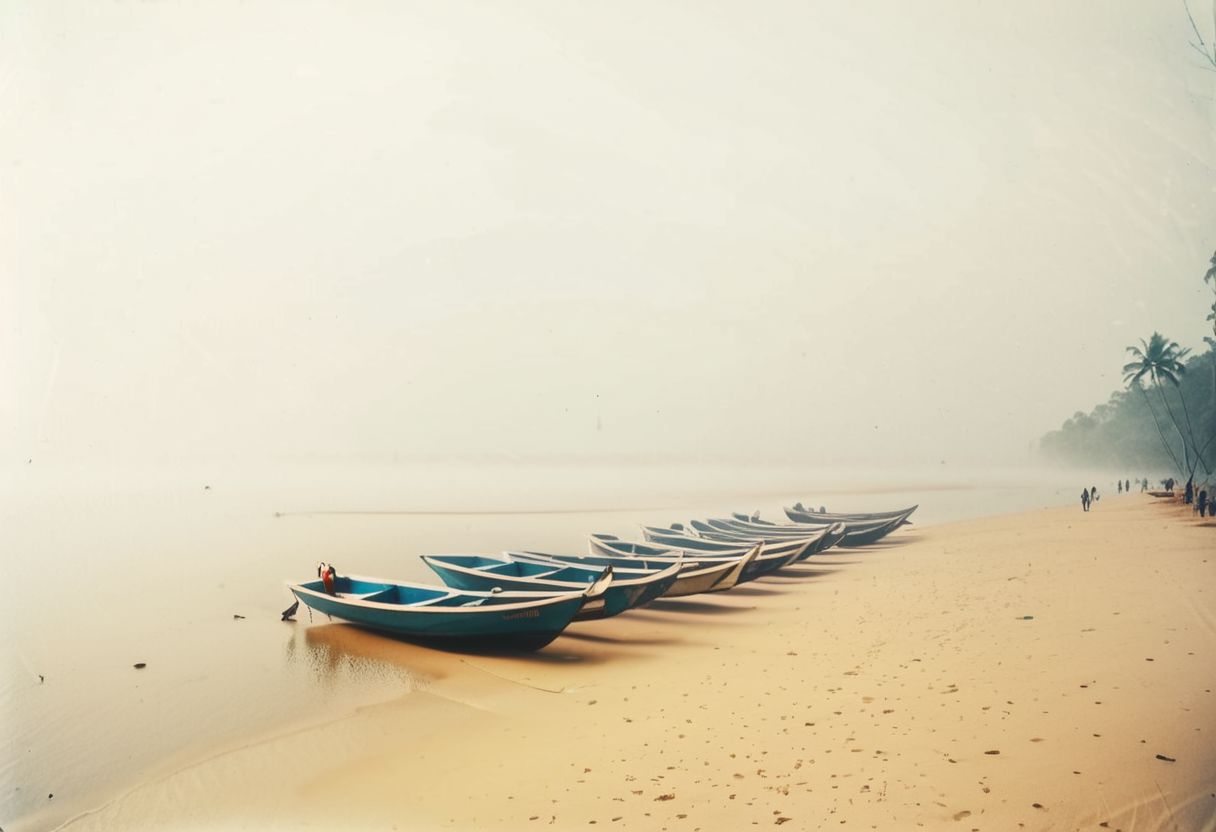lith_argenta_argenta_nn112w, instagram photo, a foggy beach with some boats in sri lanka, hard shadows, film grain