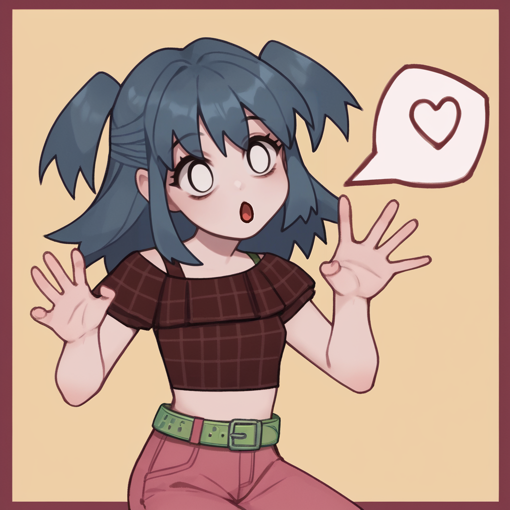 solo, Laceys_game, 1girl, two side up, pink pants, green belt, burgundy checkered crop top, cute pose, score_5_up, score_4_up, score_6_up, on side, blowing kiss,  <lora:Laceys_game:1.0>