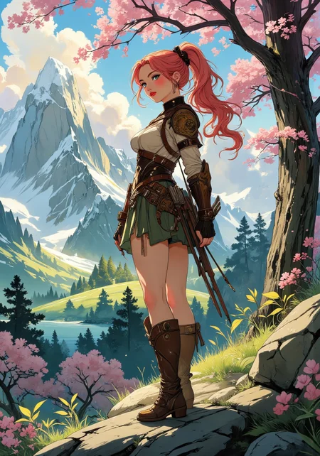 Anime art, Full-length, gorgeous fantasy warrior, long pink hair in a high ponytail, tiara, tight brown leather armor, standing on a hill. Big, full, high breasts, tight waist, round thighs, green eyes, no blush. Small green skirt, knee-high brown leather boots. Backdrop of fantasy highlands in spring, bright and growing spring colors with patches of snow, icy lakes and wooded areas, full of blossoming cherry trees, topknot ponytail hairstyle, diffused lighting, determined facial expression, intricate armor details. holding a bow, arrow quiver on back. <lora:aidmaMJ6.1_v0.5_3:0.5>, <lora:Anime Art V3_Flux:0.5>, <aidmamj6.1>, <painted world>