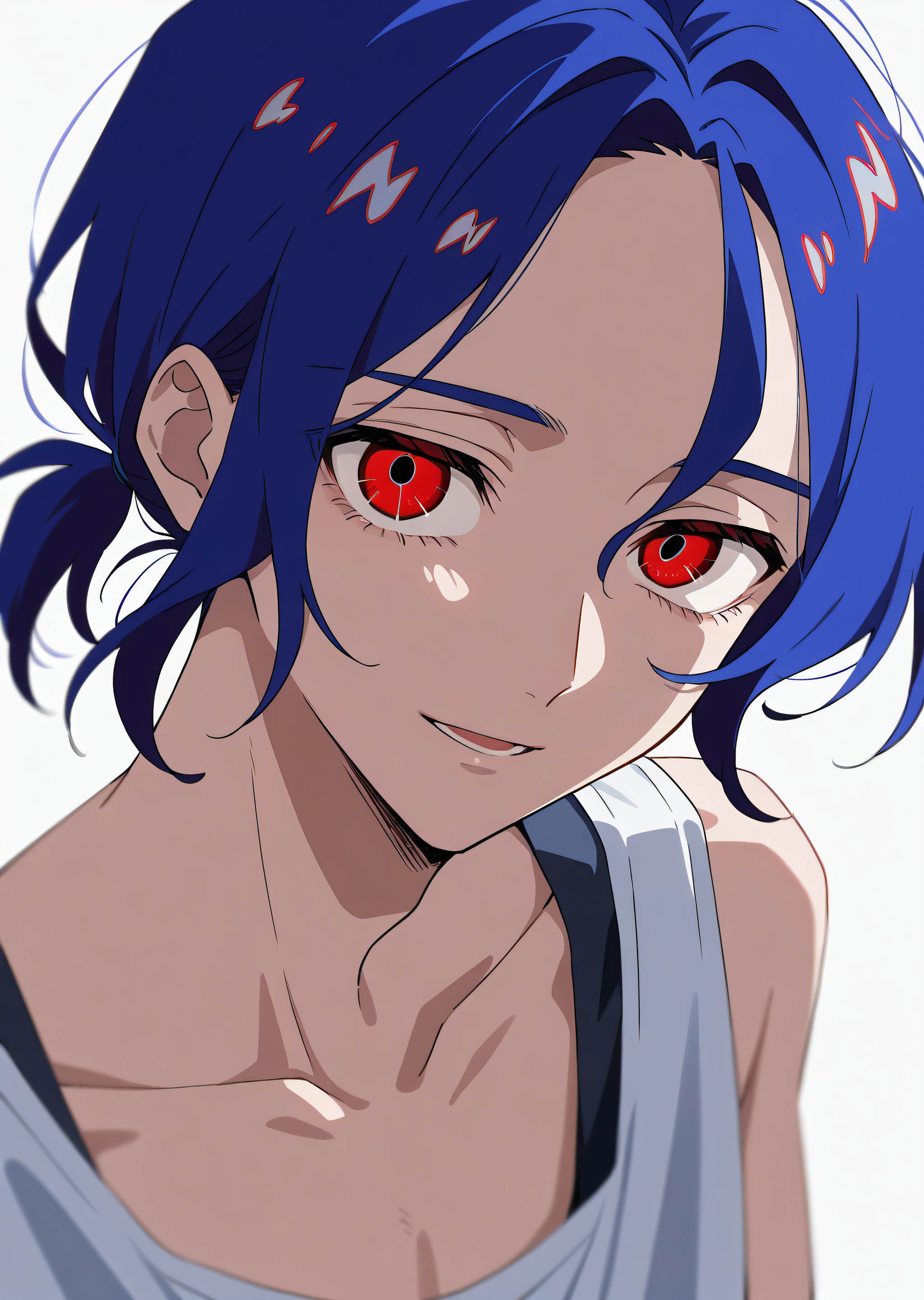 best quality, very aesthetic, absurdres, zPDXL, depth of field, volumetric lighting, BREAK
portrait,
perfect face, ultra-detailed face, 
perfect eyes, detailed eyes,  
1boy, solo,
 <lora:shuji_ito:0.8>shujiito, red eyes, blue hair, tank top, white shirt, short ponytail,white background,