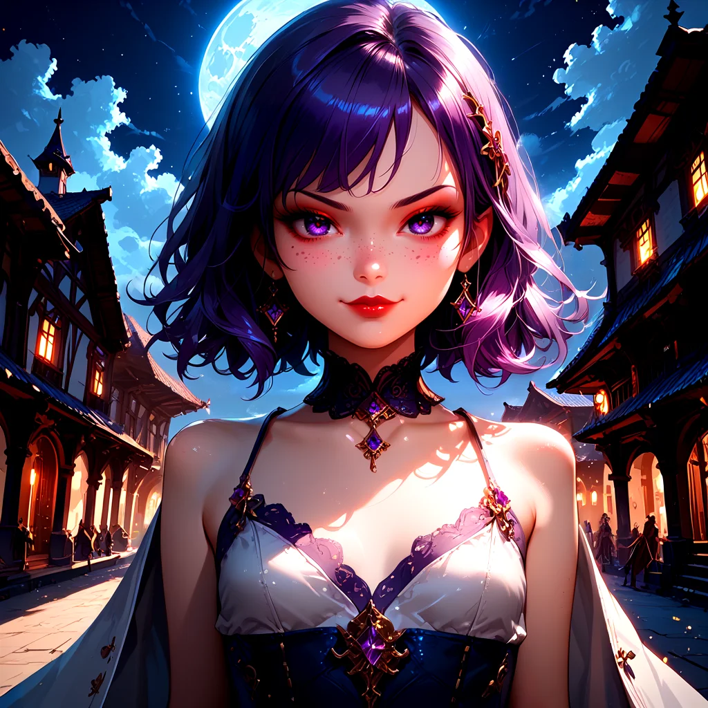 <lora:Fjola-000007:0.5>, Fjola, purple hair, purple eyes, facing viewer, small breasts, gloves, boots, closed mouth smirk,
outside, on the top of a building at night,
1 girl, cute, (petite), (red lips:0.8), sultry look, seductive,
(Full body shot:0.7),
<lora:detailed_notrigger:1>,
PonyScores7,
<lora:MythP0rtr4itStyle:0.4> mythp0rt,
epic beautiful lighting, god rays, moonlight beams, volumetric lighting, rim lighting, nighttime scene, blue moon,
masterpiece, beautiful and detailed brightness, (goosebumps:0.5), subsurface scattering, ultra realistic, textured skin, visible skin detail, skin fuzz