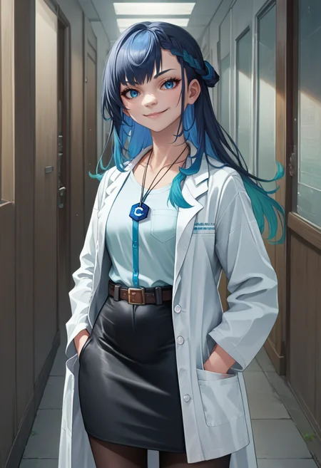 score_9, score_8_up, score_7_up, source_anime, solo, 1girl, civitai-chan, smile, looking at viewer, hands in pockets, braided bangs, labcoat, shirt, shirt tucked in, single vertical stripe, black skirt, pencil skirt, pantyhose, necklace, belt, indoors, hallway <lora:gijinkaseries_civitai_ponyXL:1>