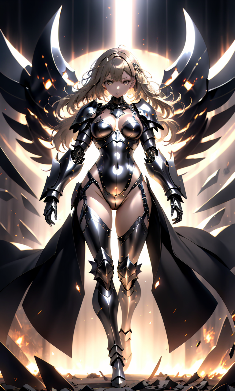 masterpiece, high quality, 8k, beautiful lighting, 1girl, solo, anime, <lora:anime_sdxl_v1:0.75>,chaos, apocalypse, military girl, full body metal armor, dark shiny metal, female bodysuit, female armor,belly free, metal bra